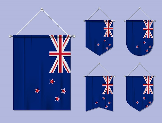 Set di appendere le bandiere della nuova zelanda con trama tessile. forme di diversità del paese di bandiera nazionale. stendardo modello verticale