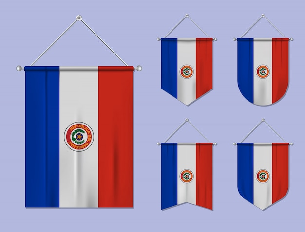 Set of hanging flags Paraguay with textile texture. Diversity shapes of the national flag country. Vertical template pennant.