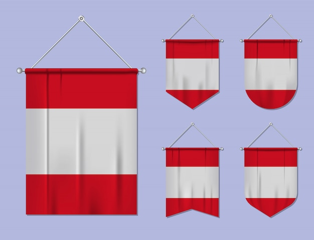 Vector set of hanging flags peru with textile texture. diversity shapes of the national flag country. vertical template pennant.