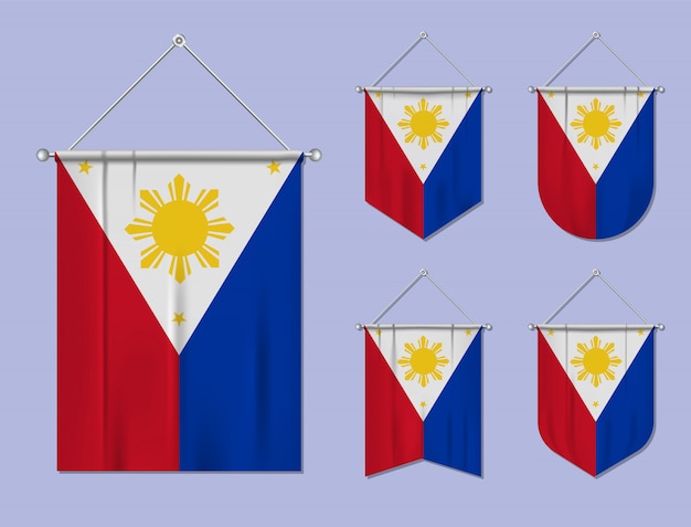 Set di appendere bandiere filippine con trama tessile. forme di diversità del paese di bandiera nazionale. stendardo modello verticale.