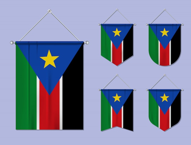 Set of hanging flags South Sudan with textile texture. Diversity shapes of the national flag country. Vertical template pennant.