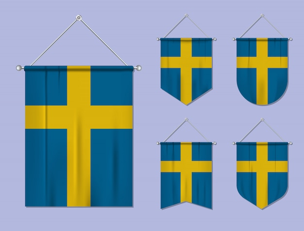 Set of hanging flags sweden with textile texture. diversity shapes of the national flag country. vertical template pennant