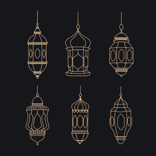 Set hanging lantern Ramadan kareem vector celebration of holy month of ramadan line art style design