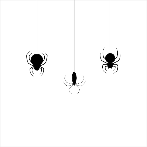 Vector set of hanging spider in silhouette illustrations line art