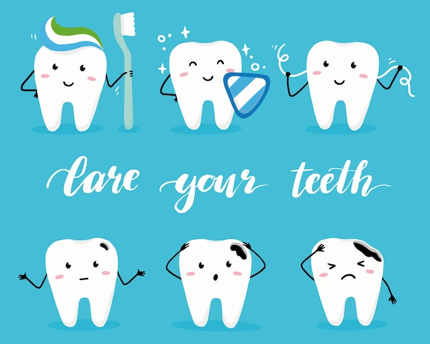 Set of happy and bad tooth character with face.