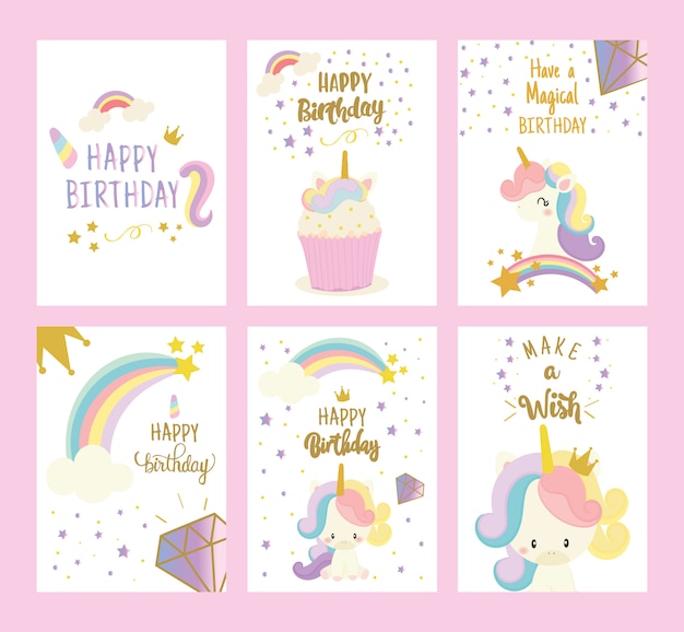 Set di carta di buon compleanno con unicorno carino. saluto.