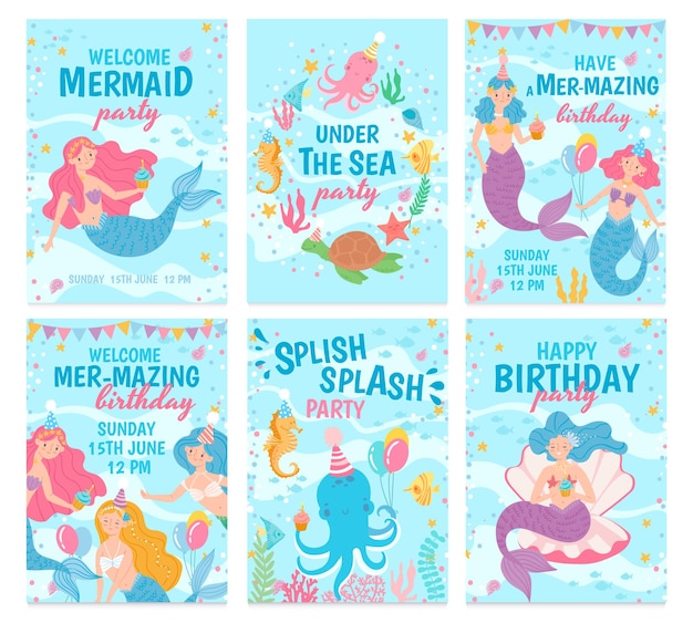 Vector set of happy birthday cards with mermaids