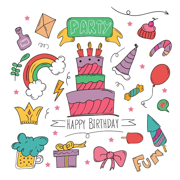 Set of Happy Birthday doodle background in hand drawn colourful