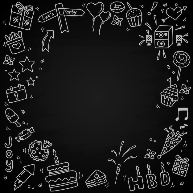 Set of happy birthday doodle elements isolated on the blackboard vector illustration