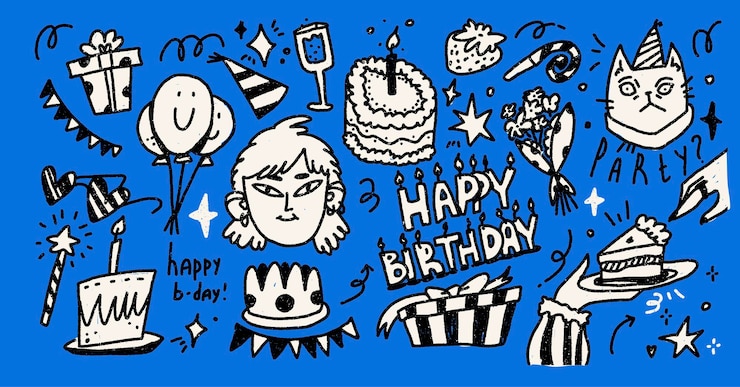 Vector 생일 축하 글 세트 파티 케이크 요소 컬렉션과 배경 스크리블 트렌디