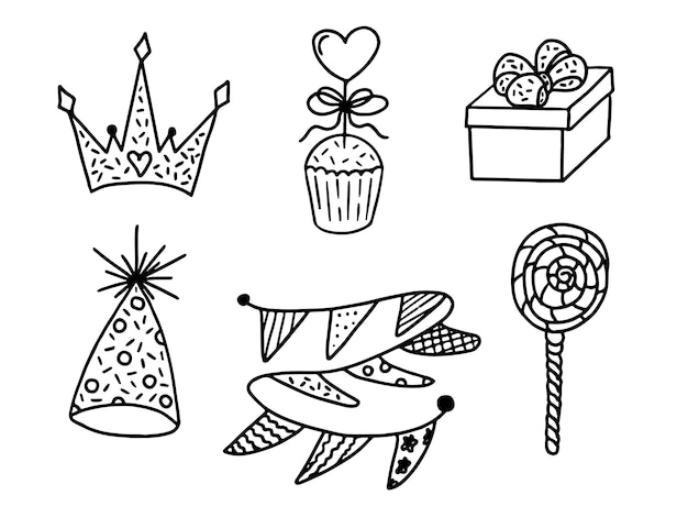 Set happy birthday doodles schets van feestdecoratie geschenkdoos taart feestmutsen