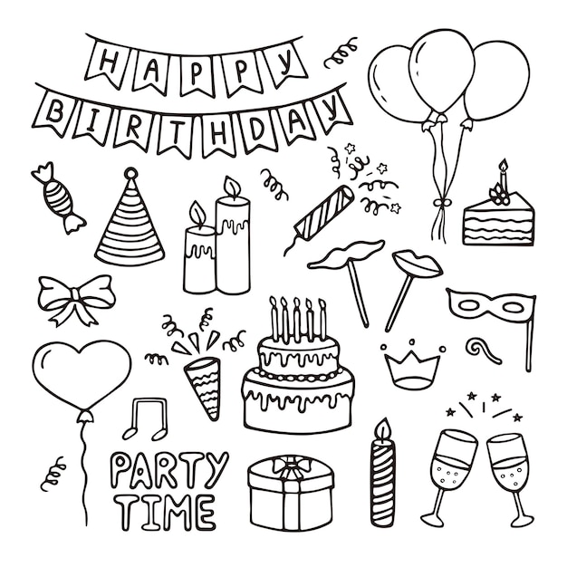 Set of Happy Birthday doodles Sketch of Party decoration gift box cake party hats