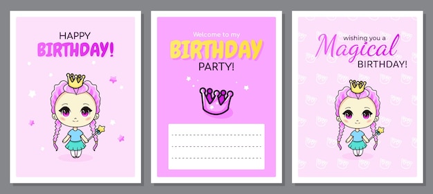 Set of happy birthday greeting cards with chibi girl princess and crowns. Greeting cards.