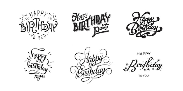 Set of Happy Birthday inscriptions hand lettering brush ink calligraphy Vector illustration