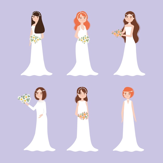 Vector set of happy brides standing