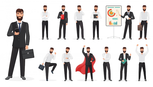 Set of happy businessman character with different poses and actions