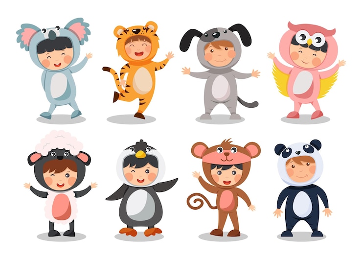 Vector set of happy children is wearing animal costumes koala bear tiger dog owl sheep penguin monkey panda flat cartoon characters design vector