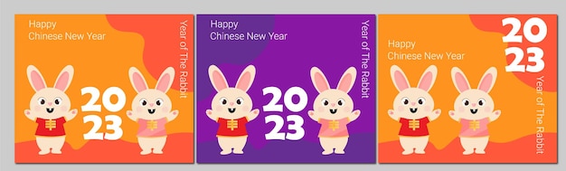 Набор счастливого китайского нового года 2023 года милых кроликов, азиатские элементы на заднем плане.
