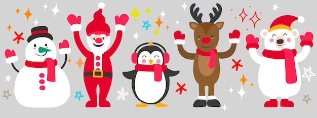 サンタと雪だるまを含むハッピー クリスマス キャラクターのセット ベクター イラスト xA