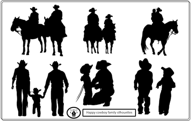 Vector set of happy cowboy family vector silhouettes.