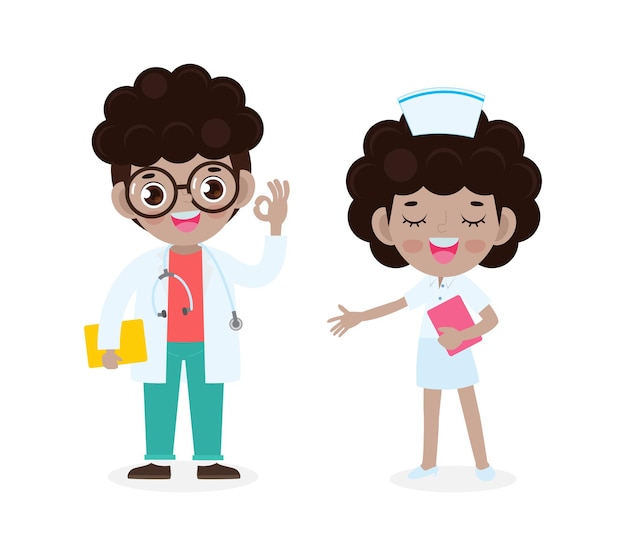 Vector set of happy cute american african doctor and nurse