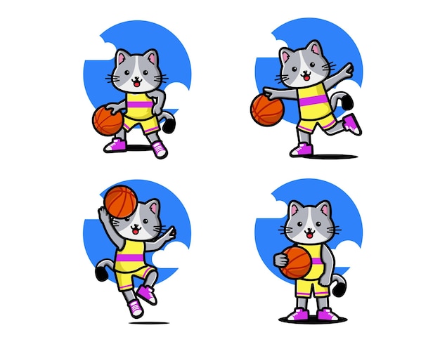 Set of happy cute boy playing basketball