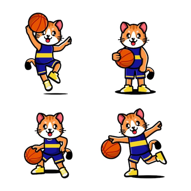 Set of happy cute cat playing basketball