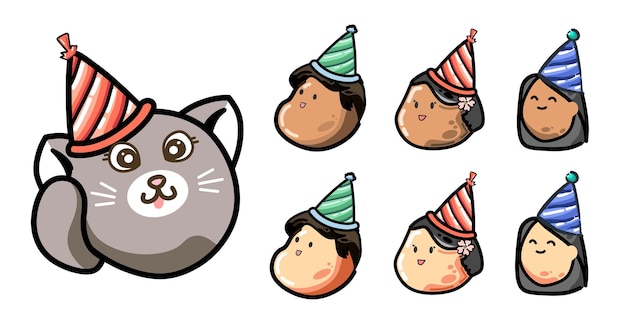 Vector set of happy cute children and cat head on birthday party with colorful hat