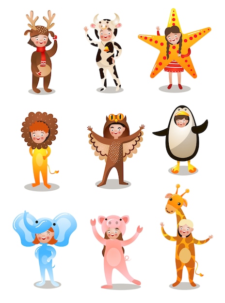 Vector set of happy cute kids in different holidays costume