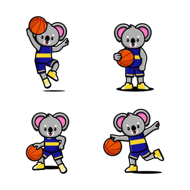 Set of happy cute koala playing basketball