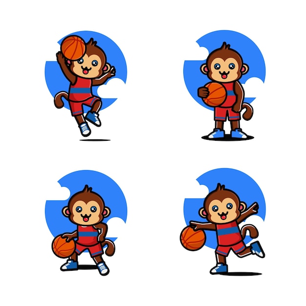 Set of happy cute monkey playing basketball