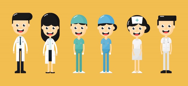Set di felici medici, infermieri e personaggi del personale medico. concetto di equipe medica isolato su sfondo giallo.