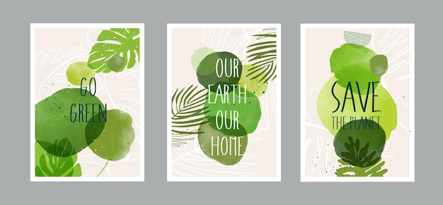 Set of happy earth day posters and leaves saving the planet environment earth day on nature field