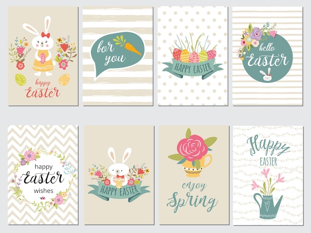 Set of Happy Easter card templates with eggs flowers floral frames wreaths ribbon rabbit and typographic design Good for spring Easter greeting banners invitations backgrounds pastel colors