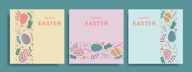 Set of Happy Easter greeting cards with Easter eggs and floral elements Set of Easter covers