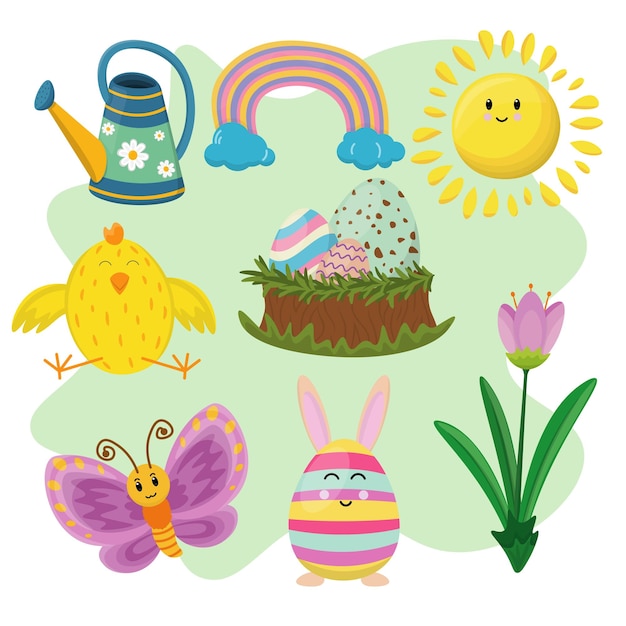 계란 병아리 무지개 나비 튤립 행복한 태양과 물을 수있는 요소와 함께 행복한 부활절 휴가 세트