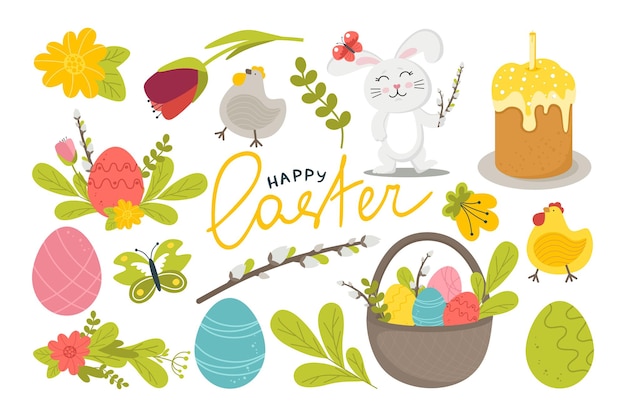 A set for the happy easter holiday with rabbit eggs flowers willow and other attributes  vector