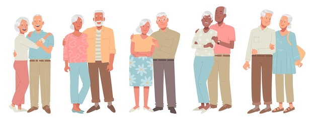 Vector set happy elderly couples seniors mature man woman spouses different races together_ai_generated