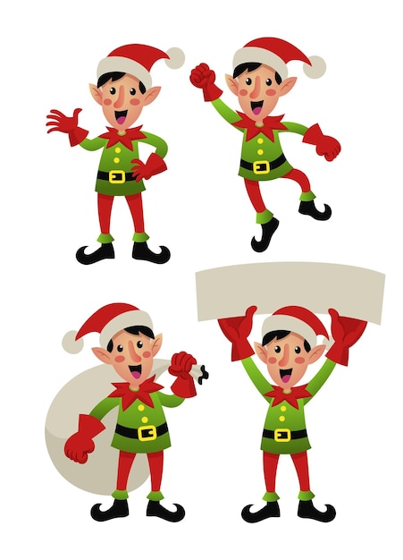 Set di illustrazioni di cartoni animati happy elf in flat design