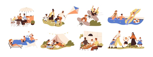 Set of happy families with children during outdoor recreation activities on summer holidays. Parents and kids eating, resting and playing together. Flat graphic vector illustration isolated on white.