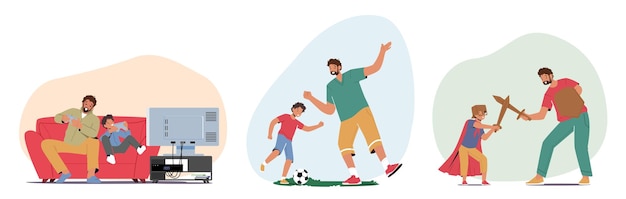 Set happy family characters dad and son spend time together fight on swords play soccer and video games on tv console father togetherness bonding with child cartoon people vector illustration