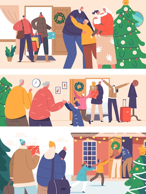 크리스마스 휴가를 위한 행복한 가족 캐릭터 회의 설정 자녀가 있는 부모는 집에서 조부모를 방문합니다