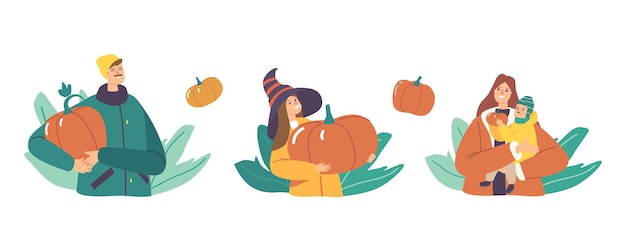 Vector set happy family picking pumpkins at autumn garden. mother, father and children characters harvesting ripe plants for seasonal halloween or thanksgiving celebration. cartoon people vector illustration
