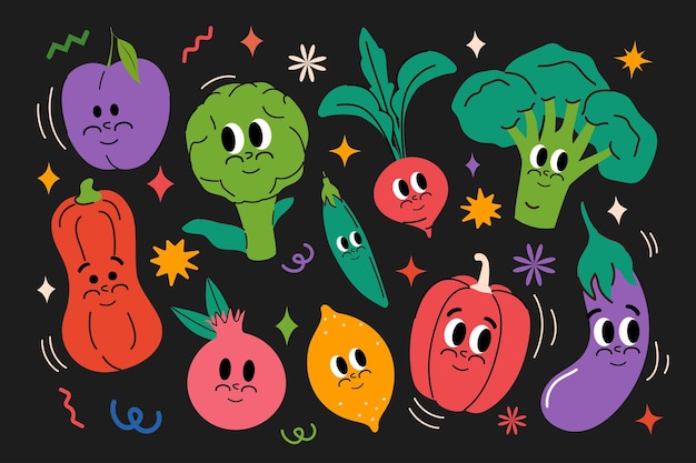 Vector set of happy and fruits in trendy groovy style funny funky vintage mascot and comic berries juicy