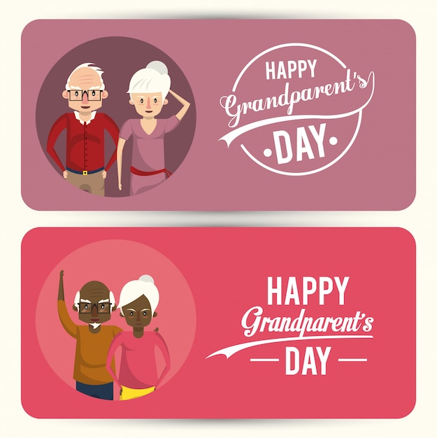 Vector set of happy grandparents day card with cartoons