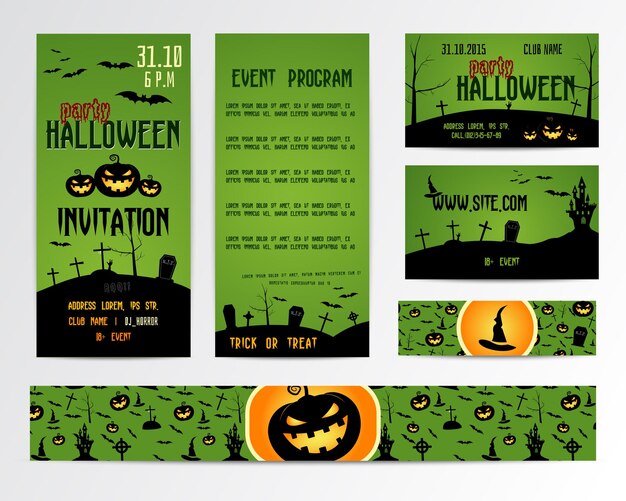 Set Of Happy Halloween Greeting Cards Flyer banner Vector Illustration Party Invitation Design