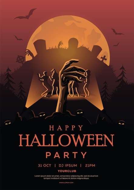 Vector set of happy halloween party invitations. a zombie hand rises from the graveyard