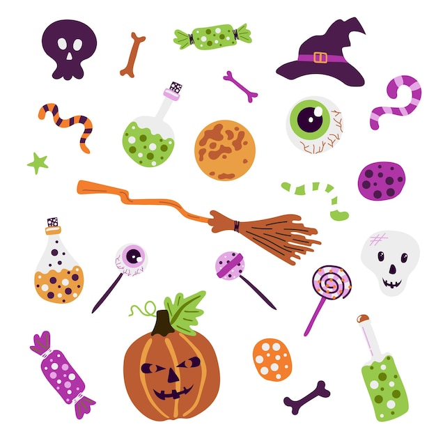 Set of Happy Halloween stickers Cute pumpkin broom eye witch hat cauldron worm sweets bone skull