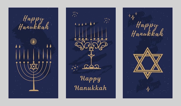 Set Happy Hanukkah belettering wenskaart Feestelijke poster print typografische inscriptie Vectorillustratie