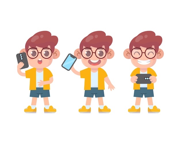 Vector set of happy kids cute boy character and smartphone with many gesture expressions